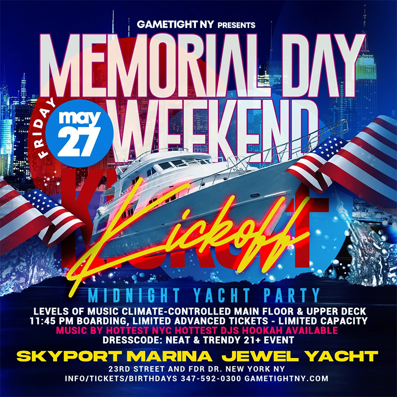  NYC Memorial Day Weekend Cruise Skyport Marina Jewel Yacht Tickets Party | GametightNY.com