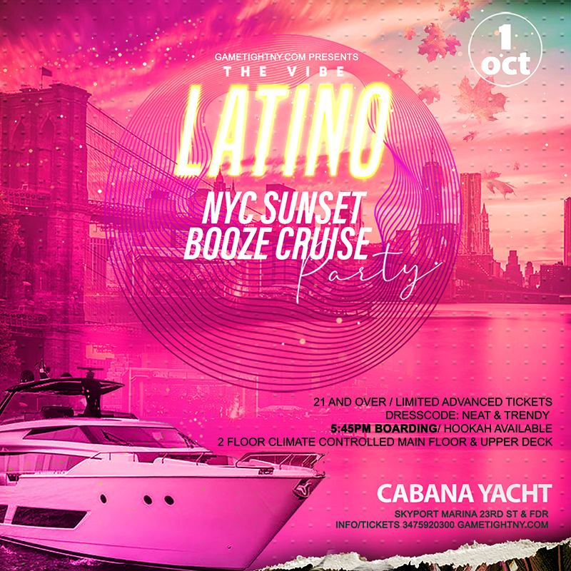 Saturday Sunset Latin Vibes NYC Cabana Yacht Party Cruise Skyport Marina | GametightNY.com