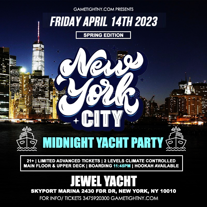 Jewel Yacht Dance under the Moonlight NYC Midnight Yacht Friday Party 2023 | GametightNY.com