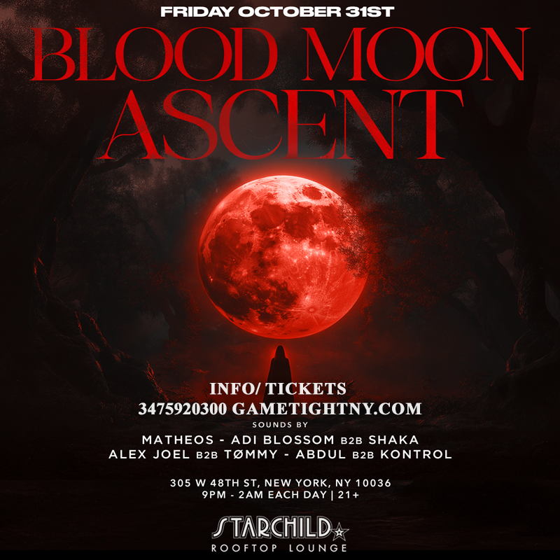 Experience the Blood Moon Halloween Party at Starchild Rooftop NYC on Oct 31, 2025! Rooftop views, live DJs, cocktails, costumes, and VIP tables in Midtown Manhattan. 
| GametightNY.com