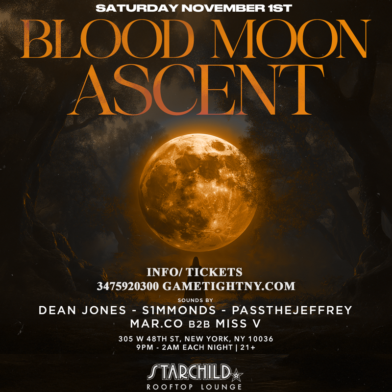 Celebrate the Blood Moon at Starchild Rooftop NYC on Nov 1, 2025! Rooftop views, live DJs, cocktails, costumes, and VIP tables in Midtown Manhattan. 
| GametightNY.com