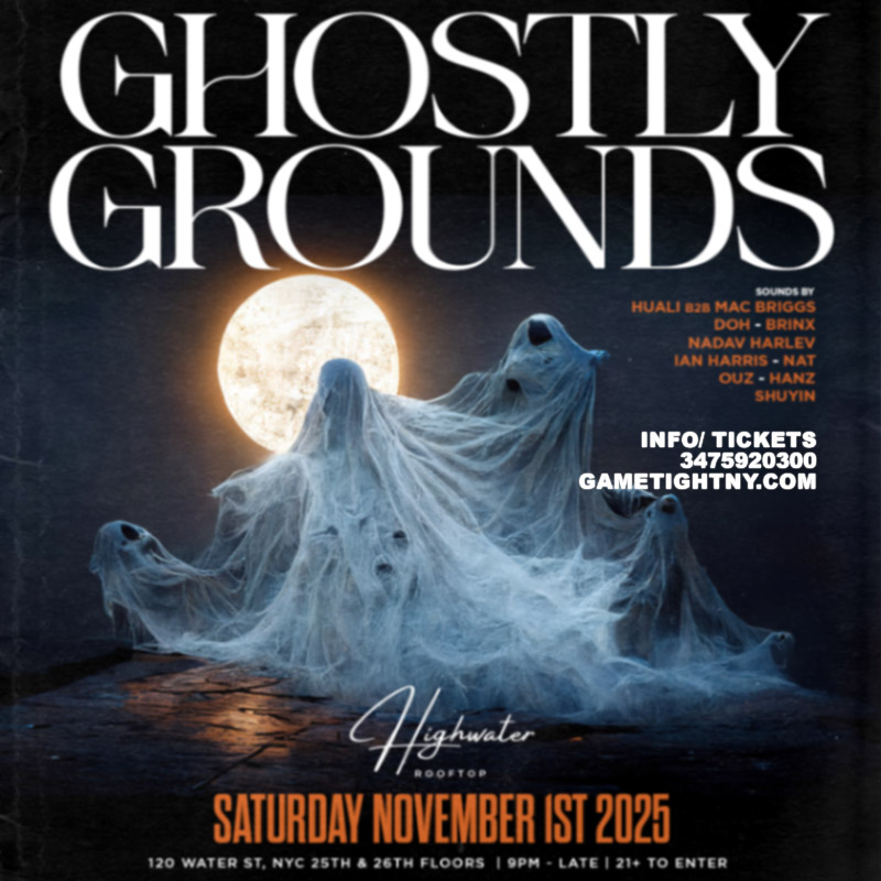 Join the Ghostly Grounds Halloween Party NYC 2025 at Highwater Rooftop Lounge. Rooftop views, live DJs, cocktails, VIP tables, and the ultimate Manhattan Halloween nightlife. 
| GametightNY.com
